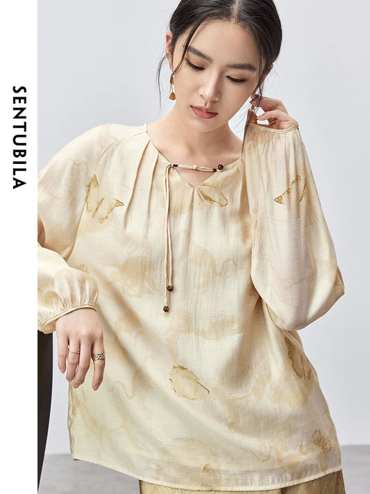 SENTUBILA Chinese Style Chiffon Blouse Casual Loose Butterfly Print Puff Sleeve Elegant