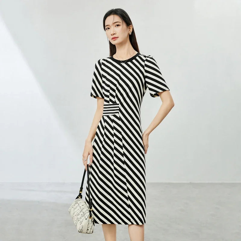 SENTUBILA Black White Striped Spliced Dress For Women 2024 Summer New Round Neck Short Sleeve Midi Dresses Clothing 142L53548