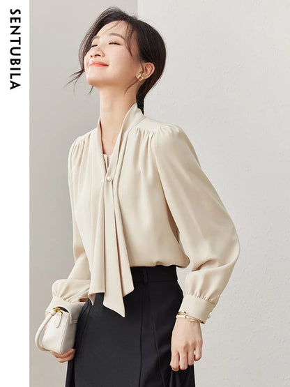 SENTUBILA Office Lady Chiffon Blouses Elegant Blouse New Pearl Button