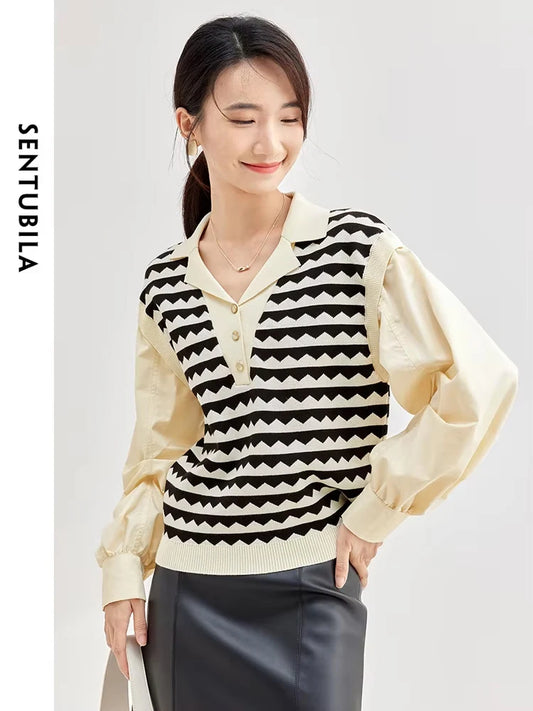 SENTUBILA 2 In 1 Shirt Spring Patchwork Knitted Long Sleeve Blouse Female Fashion Lady