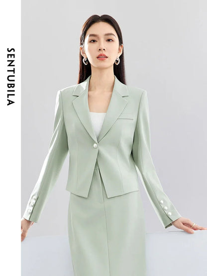 SENTUBILA Cropped Blazers Jacket Workwear Padded Shoulder Green