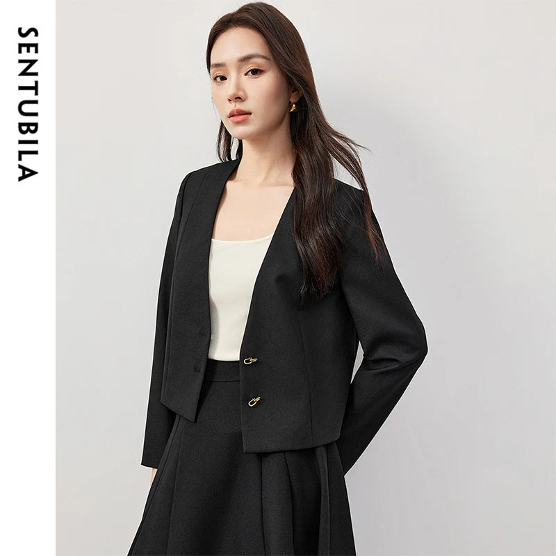 SENTUBILA Cropped Tailored Straight Texture V Neck Long Sleeve Single Breasted Blazer