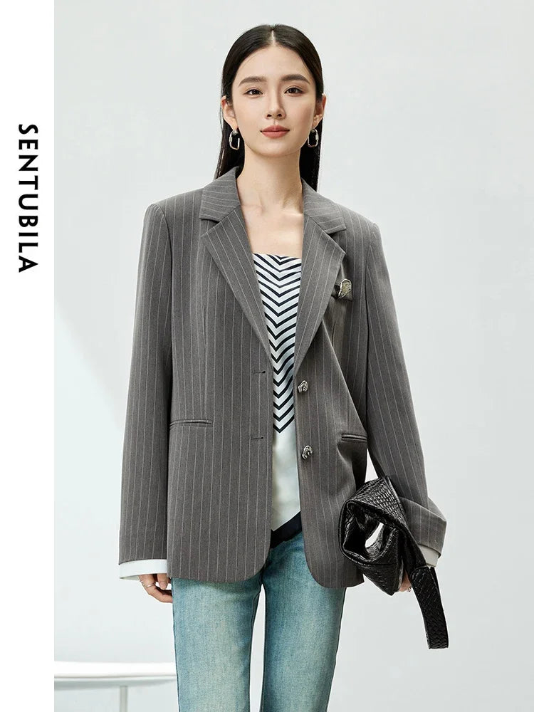 SENTUBILA Grey Striped Patchwork Oversize Suit Blazer Jackets Office