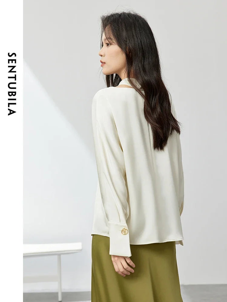 SENTUBILA Commute White Chiffon Blouse Cut Out Elegant Long Sleeve