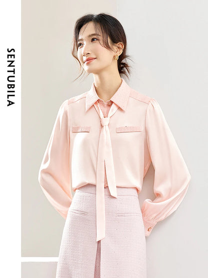 SENTUBILA Spliced Lace-up Bow Pink Blouse Elegant Long Sleeve