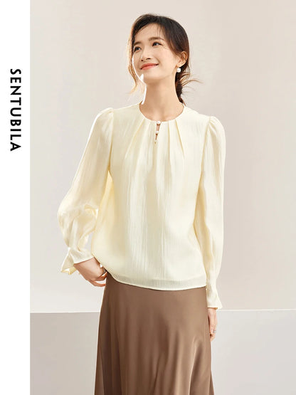 SENTUBILA Elegant Fashion Chiffon Blouse Round Neck Shirt Long Puff Sleeve