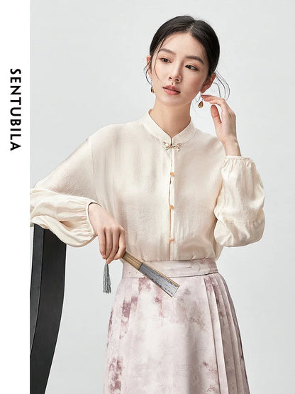 SENTUBILA Chinese Style Stand Neck Shirt Casual Loose Butterfly Button Lantern Sleeve