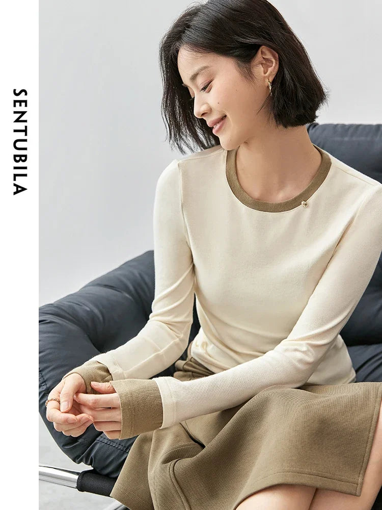 SENTUBILA Patchwork Cotton Knitted Long Sleeve Simple Comfort Women Top