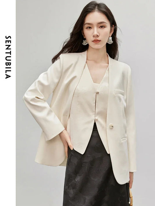 SENTUBILA Office Blazer Loose Solid V Neck Comfort Women