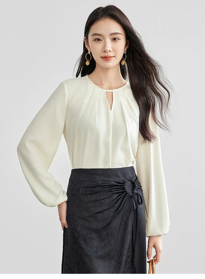 SENTUBILA Hollow-out Blouses French Style Chiffon Crew Neck Folds Lantern