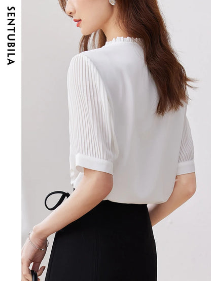 SENTUBILA Summer Chiffon White Shirt Pleated Short Sleeve Elegant Basic Shirts & Blouse