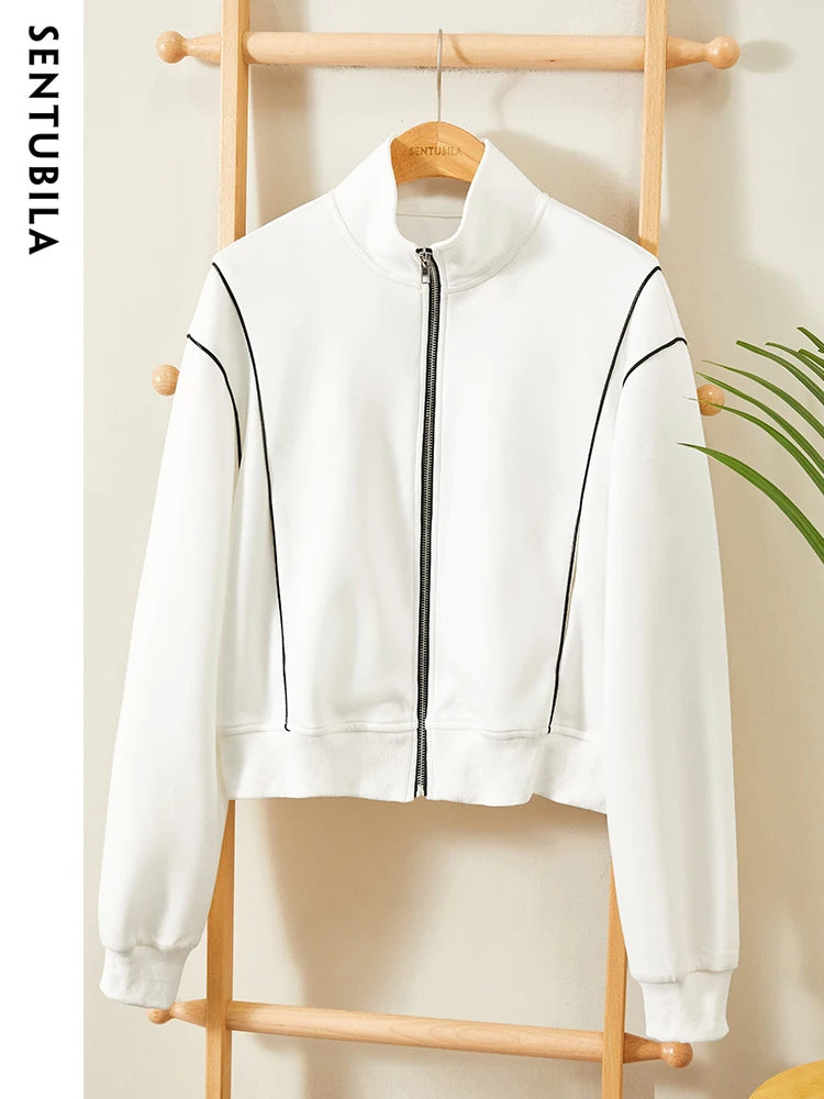 SENTUBILA Casual White Jacket Women Outerwear 2025 Spring Fashion Loose Stand Collar Full Zip