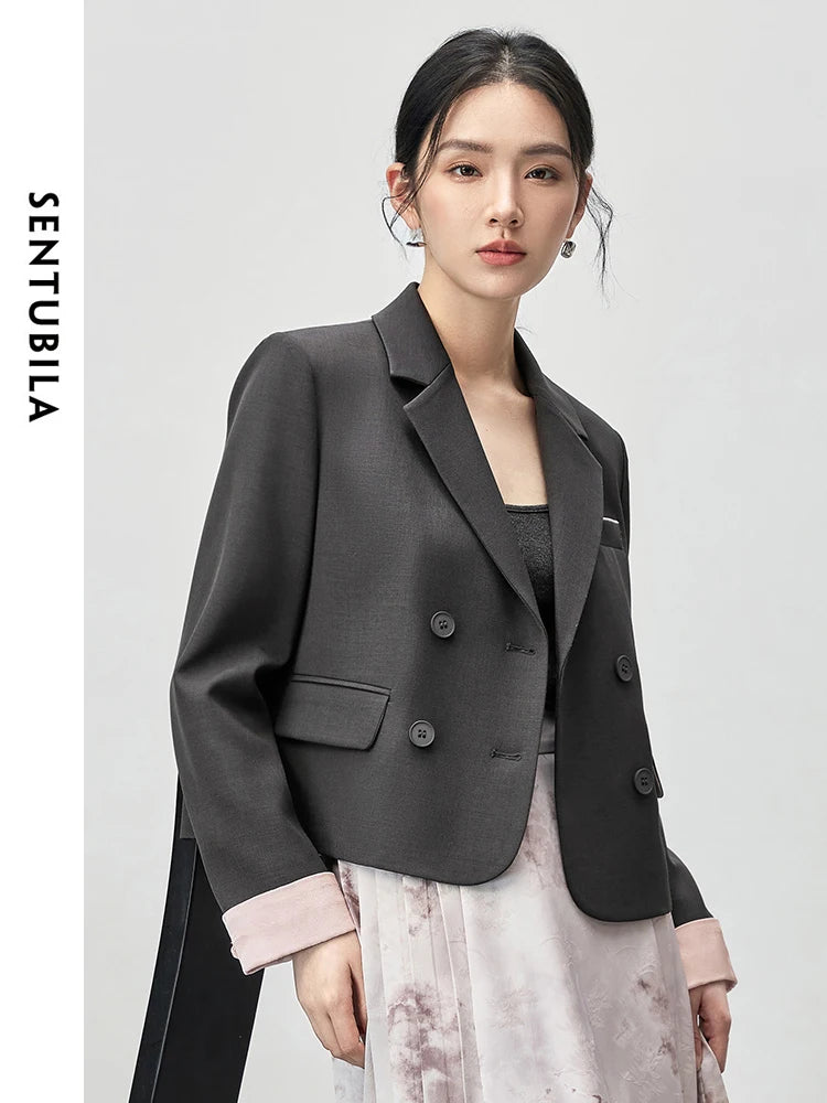 SENTUBILA Office Lady Patchwork Jacquard Blazer Straight Double-breasted