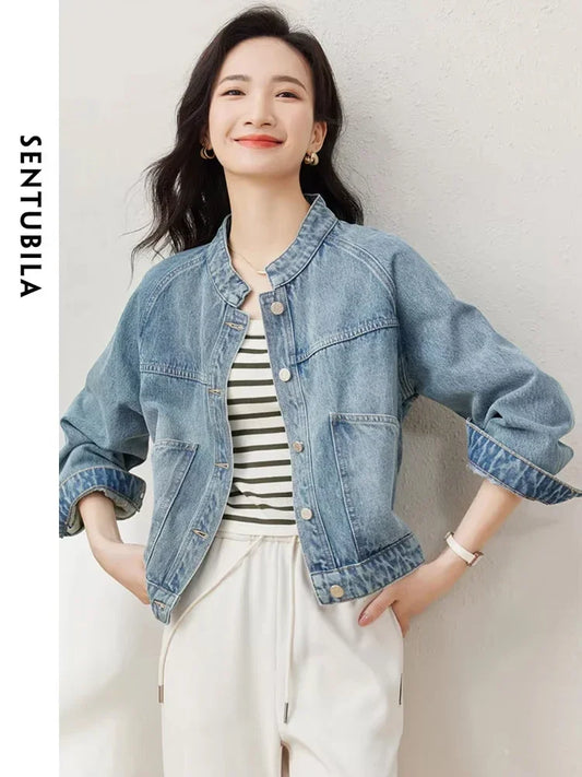 SENTUBILA Cropped Denim Jacket Coat Stand Collar Long Sleeve Cotton Jeans Jacket