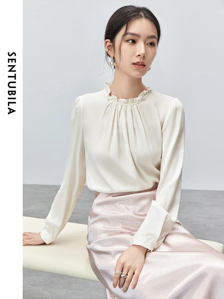 SENTUBILA Folds Satin Detail Blouse Autumn Chiffon Elegant Ruffled Long Sleeve Pullover