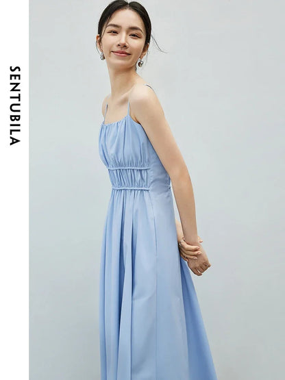 SENTUBILA Blue Spaghetti Strap Vacation Dress for Women 2024 Summer Elegant Sleeveless Pockets Shirring Long Dresses 141L53110