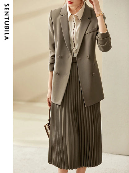 SENTUBILA 2-Piece Elegant Blazer and Skirt Set Long Sleeve Suit Jacket Pleated