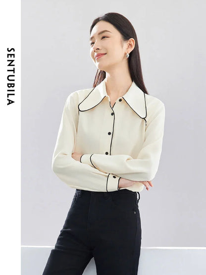 SENTUBILA Fashion Contrast Polo Collar Shirt Elegant Button Up Blouse