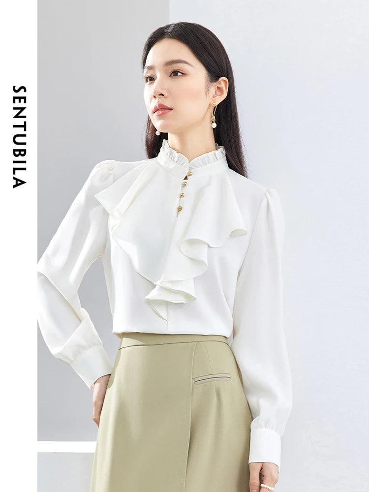 SENTUBILA Ruffles Chiffon White Shirts Spring Autumn Elegant Ruffled Collar