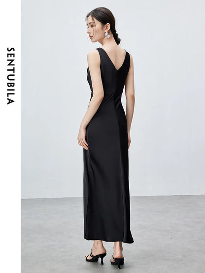 SENTUBILA Women Elegant Glossy Satin Black Dress Female 2024 Summer Slim Fit Sleeveless Slit Maxi Dress Party Club 142L55009