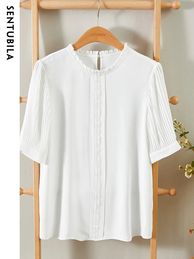 SENTUBILA Summer Chiffon White Shirt Pleated Short Sleeve Elegant Basic Shirts & Blouse