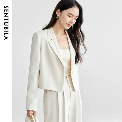 SENTUBILA Straight Crop Blazers Notched Neck Shoulder Pads