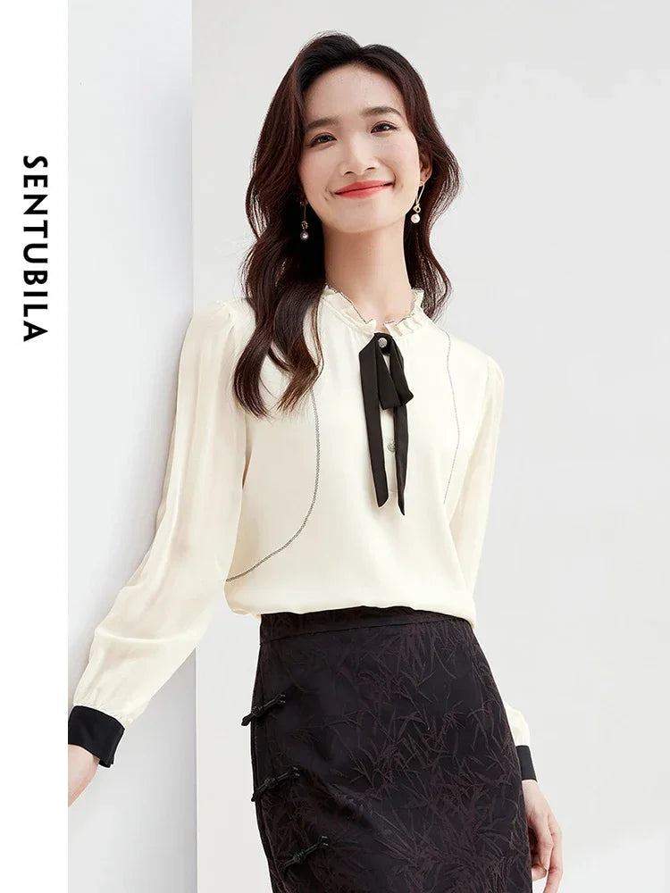 SENTUBILA Ruffled Bow Neck Chiffon Blouse Elegant Fashion Shirts Blouses