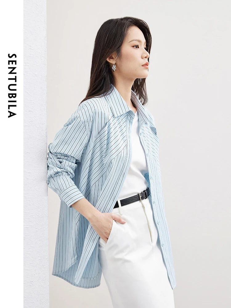 SENTUBILA Irregular Striped Blouse Hollow Out Casual Button Up Polo Collar