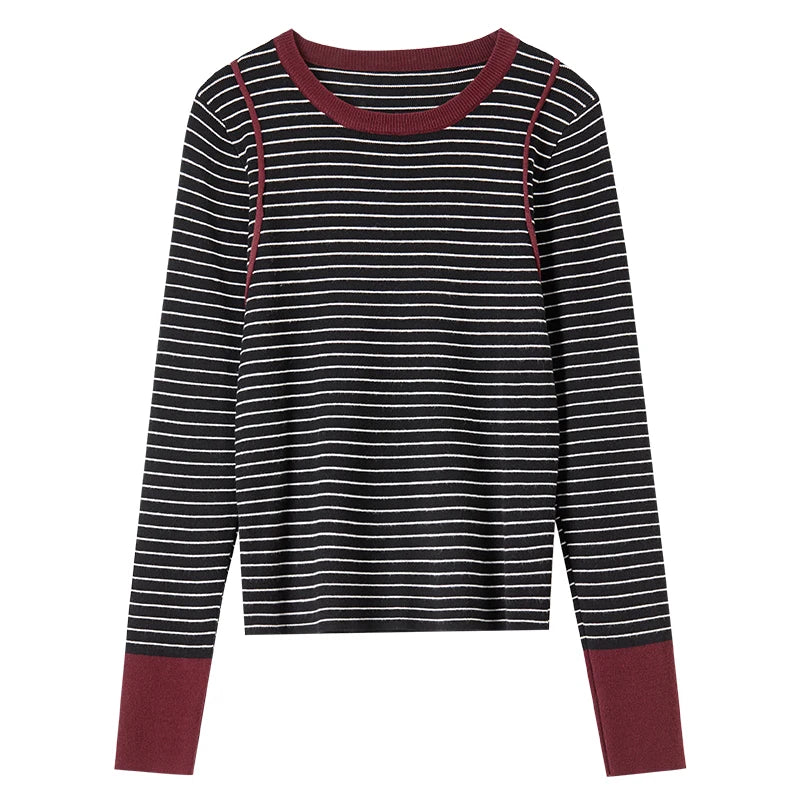 SENTUBILA Spliced Striped Knitted Retro Style O Neck Long Sleeve Cozy Slim Fit Knitwear