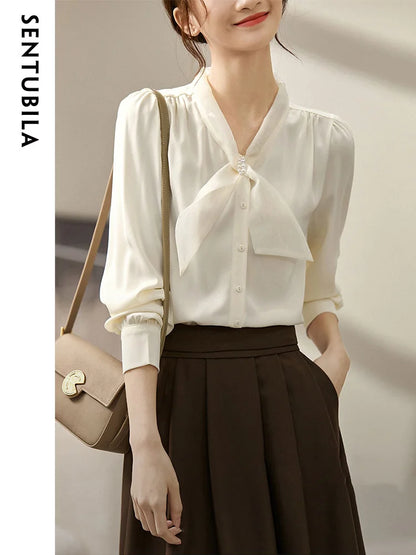 SENTUBILA Elegant Bow Neck Chiffon Blouse Apricot Button Up